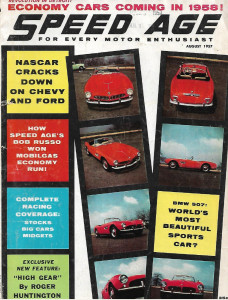 SPEED AGE 1957 AUG - BOB RUSSO - MOBILEGAS, GOERTZ BMW 507,INDY '57, 3.4 JAGUAR*